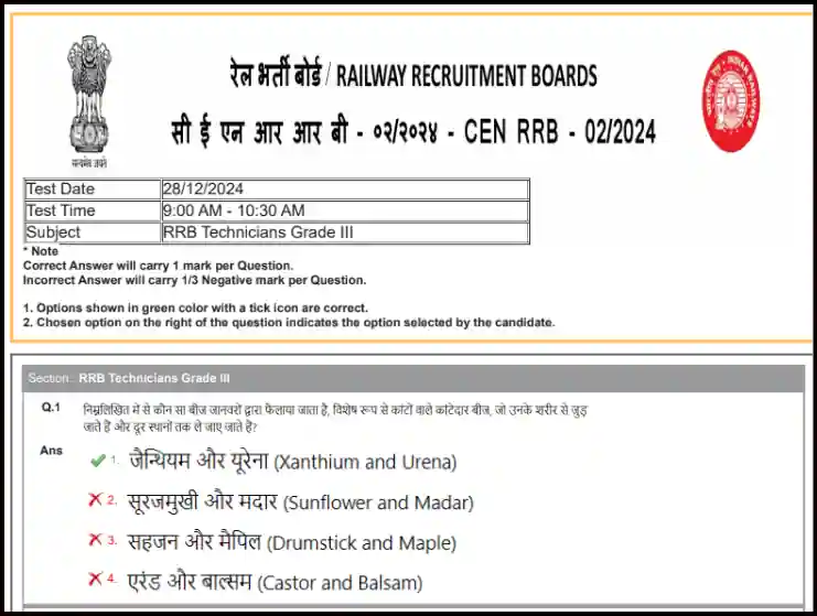 RRB Technician 2024 Grade 3 All shift Question Paper In Hindi Pdf