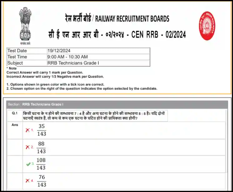 RRB Technician 2024 Grade 1 previous Question Paper Pdf In Hindi